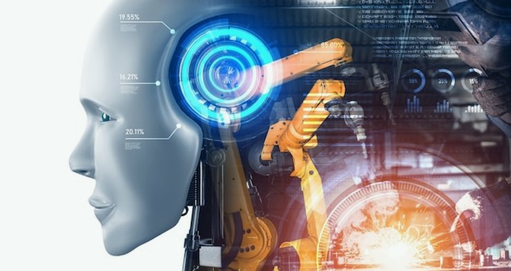 A robot face beside an industrial robotic arm