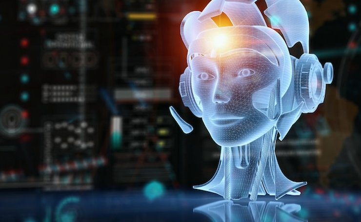 A translucent robot face surrounded by data screens