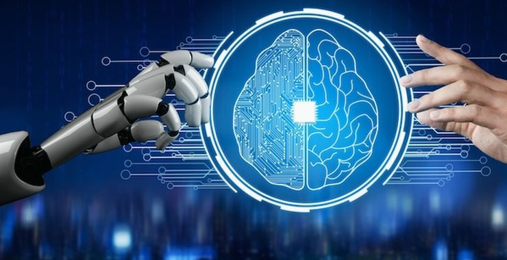 A robotic hand and a human hand around a glowing circuit brain