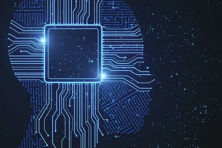 A circuit-board head with a processor at its centre