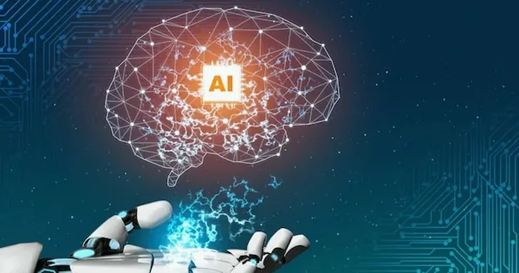 A robotic hand holding a glowing AI brain graphic