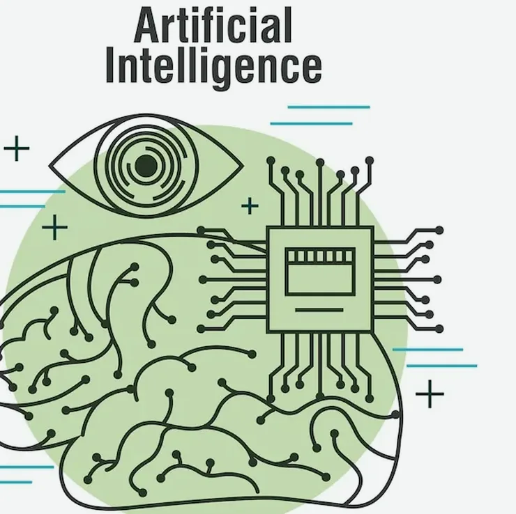 An illustration of an eye and circuit chip over a brain