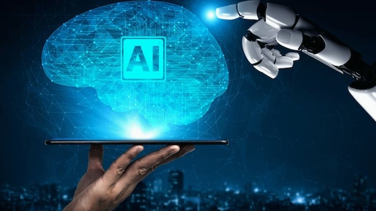 A robotic hand pointing at a glowing AI brain on a tablet