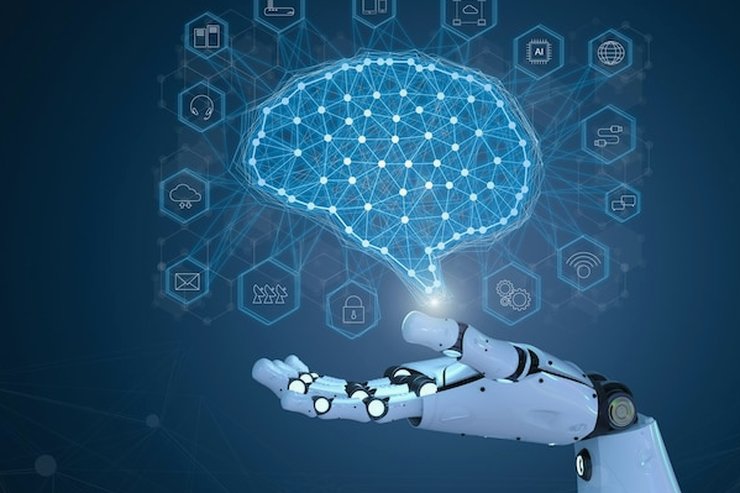A robot hand holding a network of connected points shaped like a brain