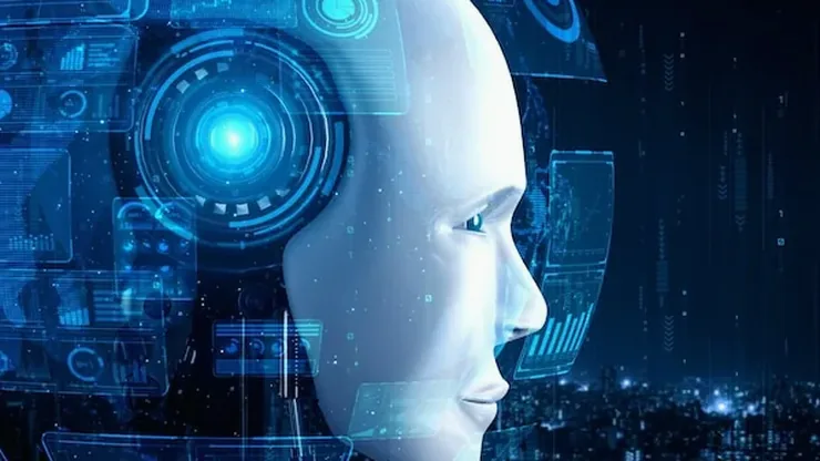 A glowing robot face against a dark blue data backdrop